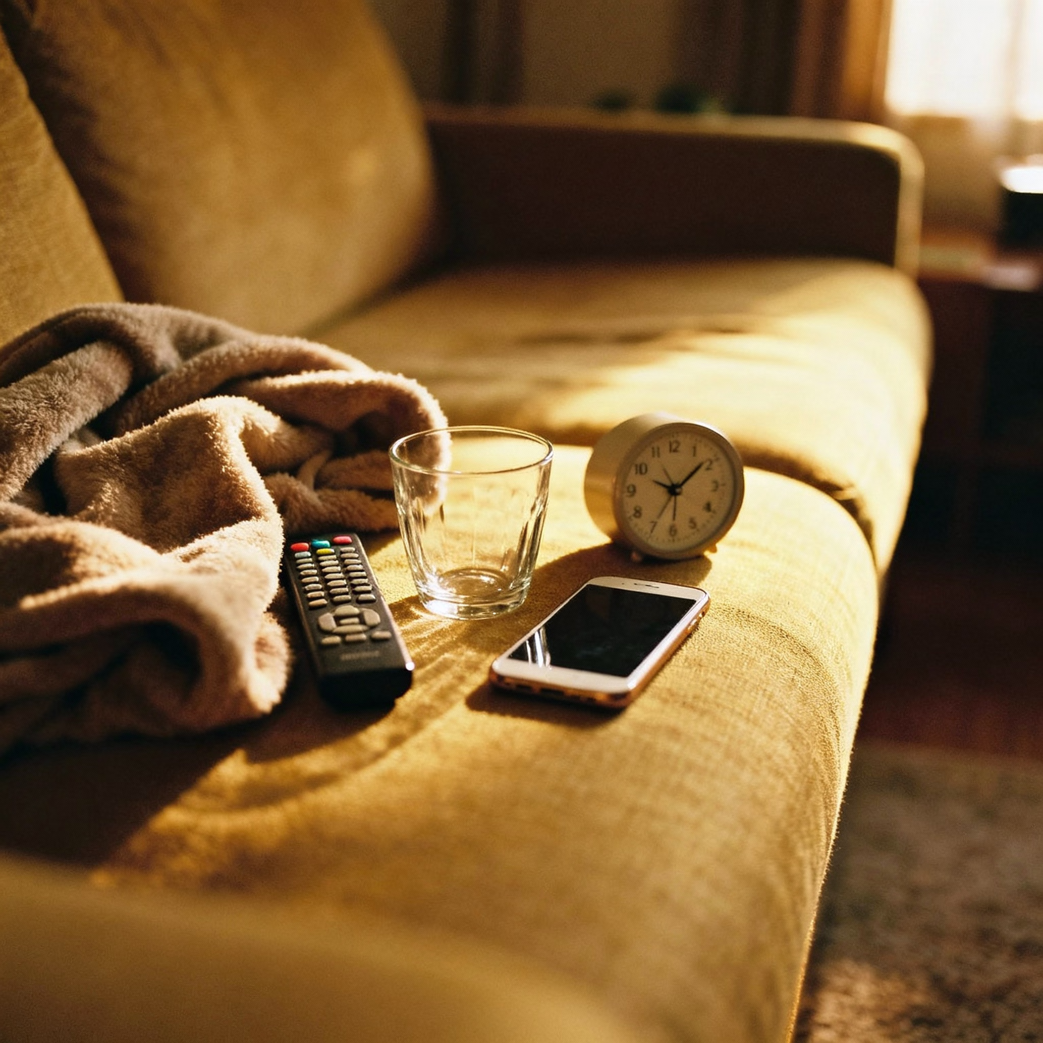 Fernbedienung, Decke, Glas, Smartphone, Uhr auf Sofakissen im warmen Licht