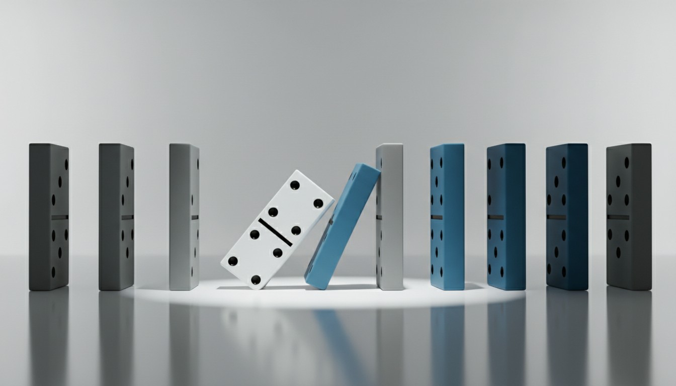 Dominosteine fallen um, Kettenreaktion beginnt. Licht auf den ersten Stein.