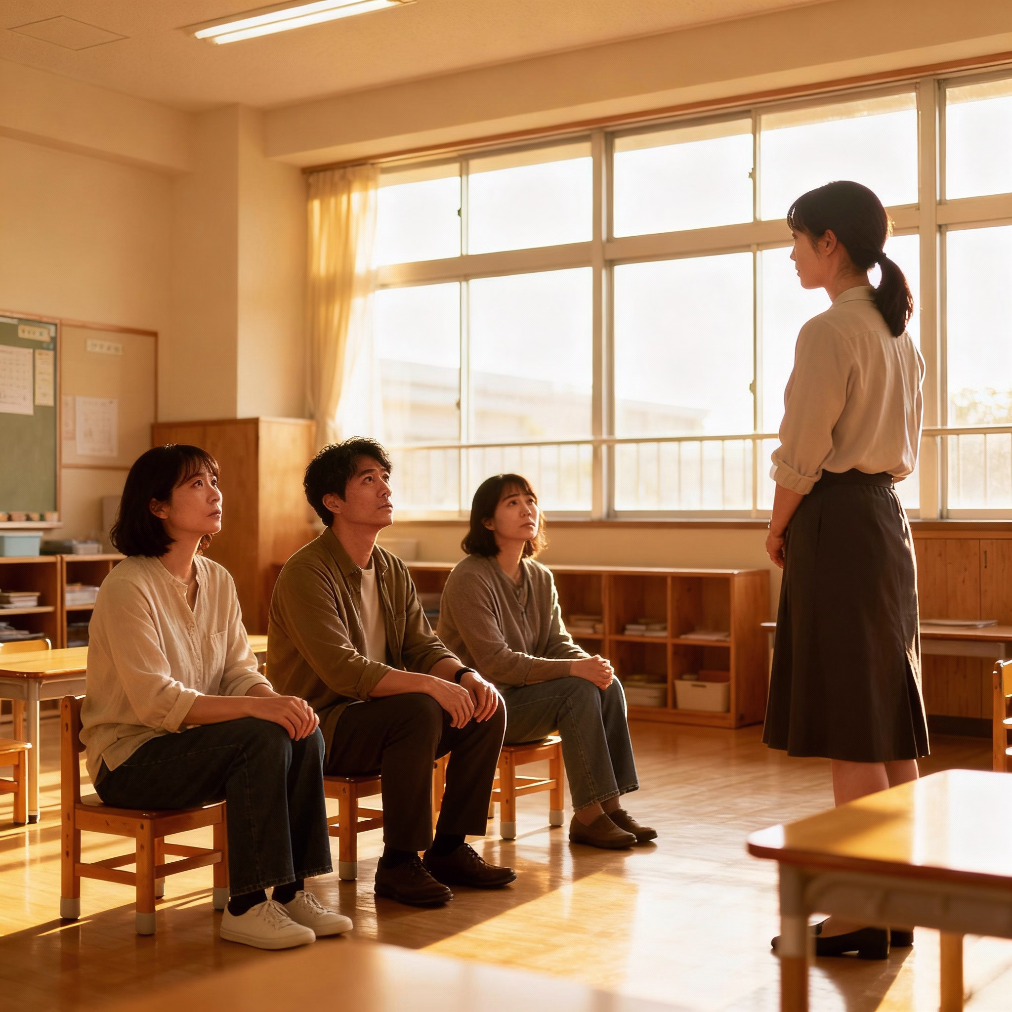Elterngespräch im Klassenzimmer mit Lehrer bei Tageslicht
