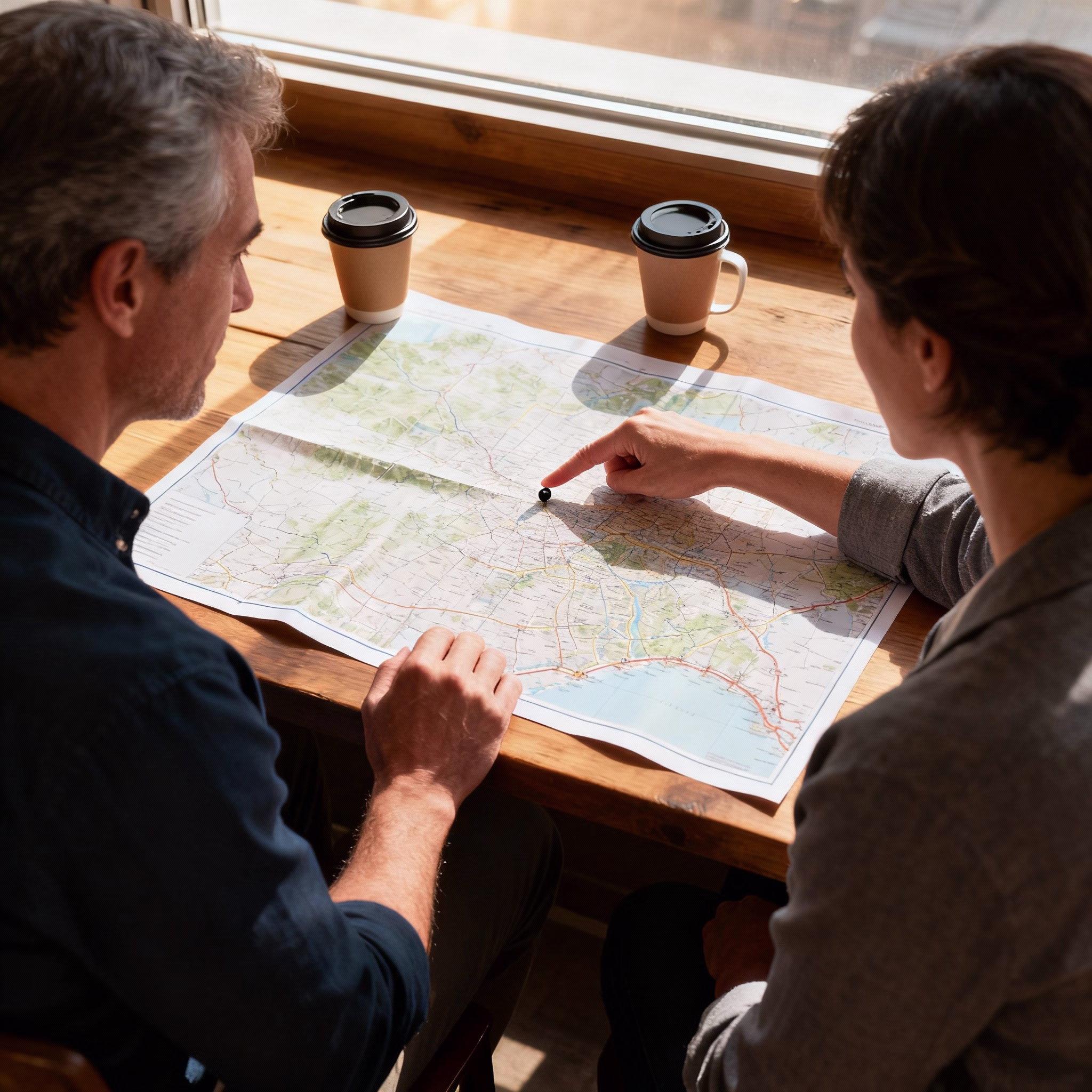 Zwei Personen planen an einem Tisch eine Route auf einer großen Landkarte.