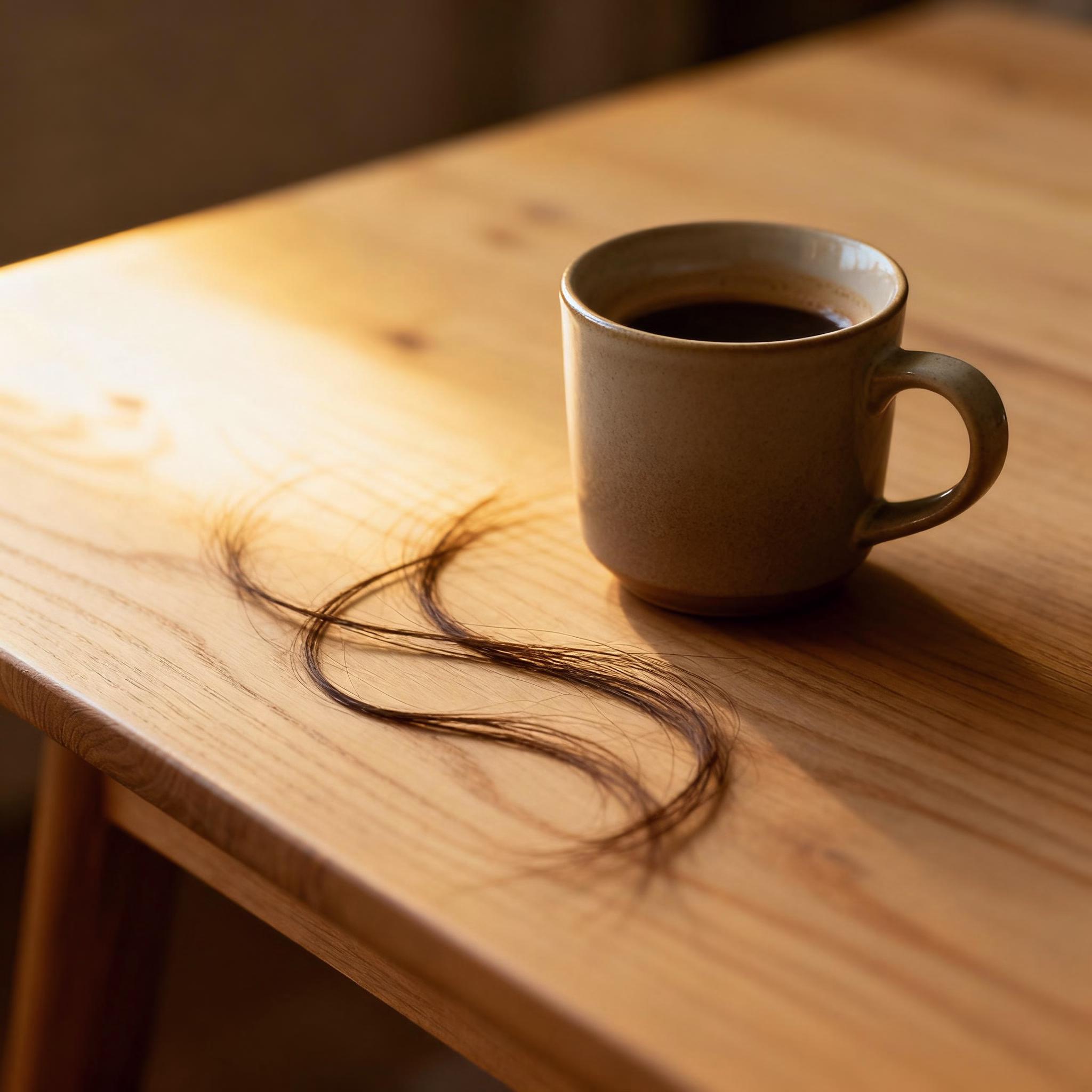 Lose Haare auf hellem Holztisch mit Kaffeetasse, sanftes Licht von links