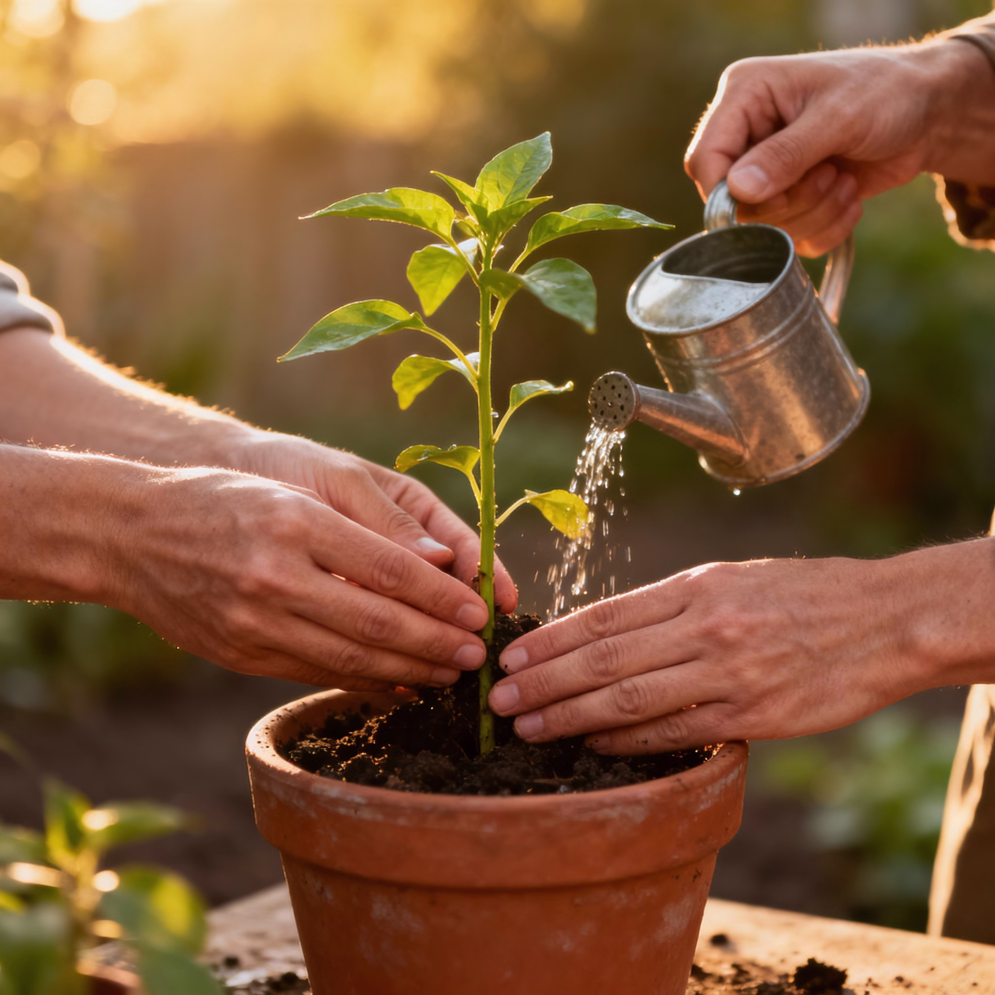 Zwei Paar Hände gießen und stützen eine junge Pflanze im Tontopf.