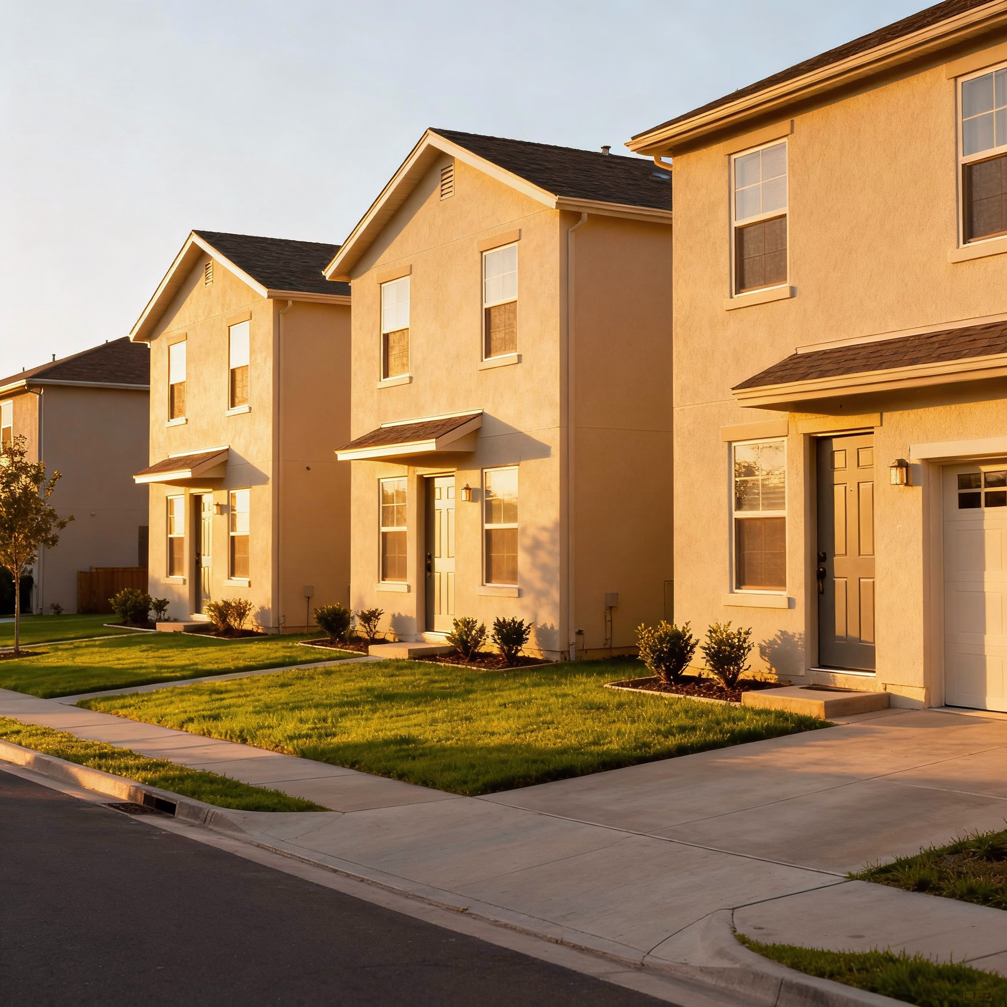 Drei gleiche Einfamilienhäuser mit Vorgärten in ruhiger Wohnstraße bei Sonne