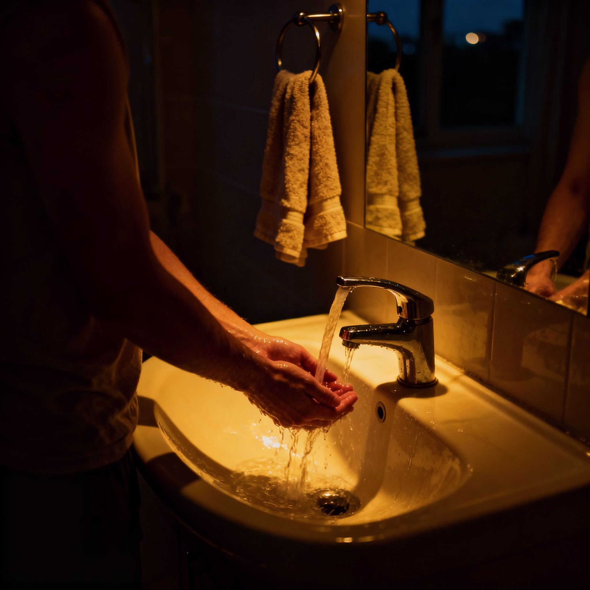 Person lässt nachts warmes Wasser über beide Handgelenke im sanft beleuchteten Badezimmer laufen