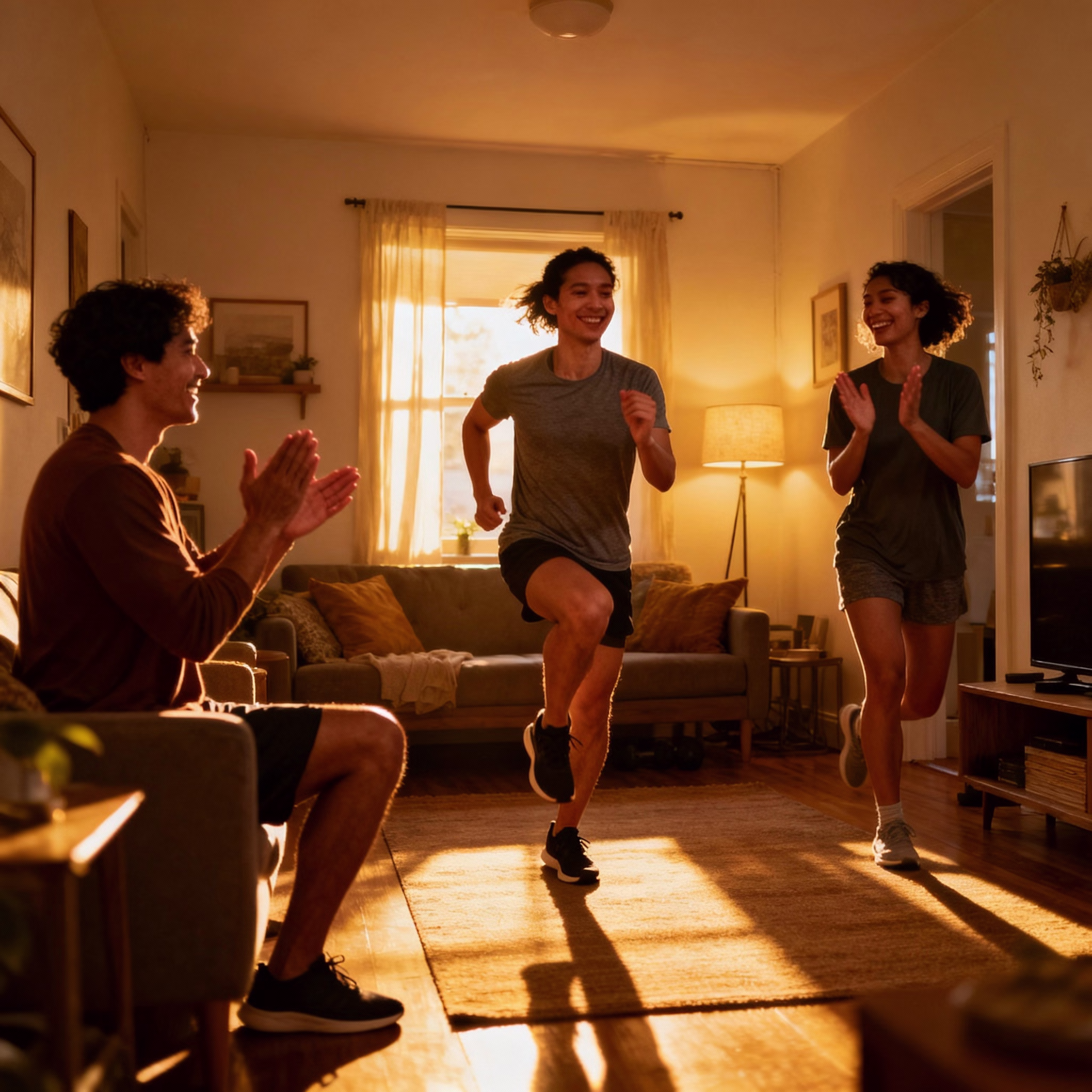 Lachende Freunde im Wohnzimmer während HIIT-Workout mit Kniehebelauf, warme Beleuchtung