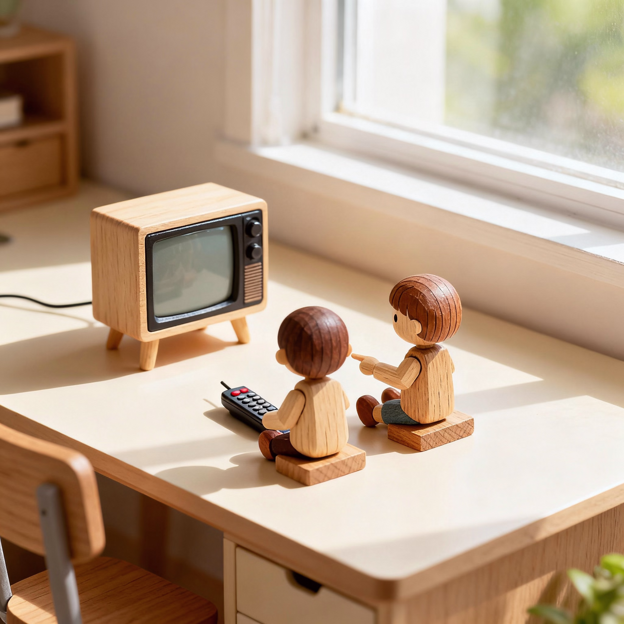Holzfiguren sitzen vor Miniatur-Fernseher, eine bedient Fernbedienung, Tageslicht