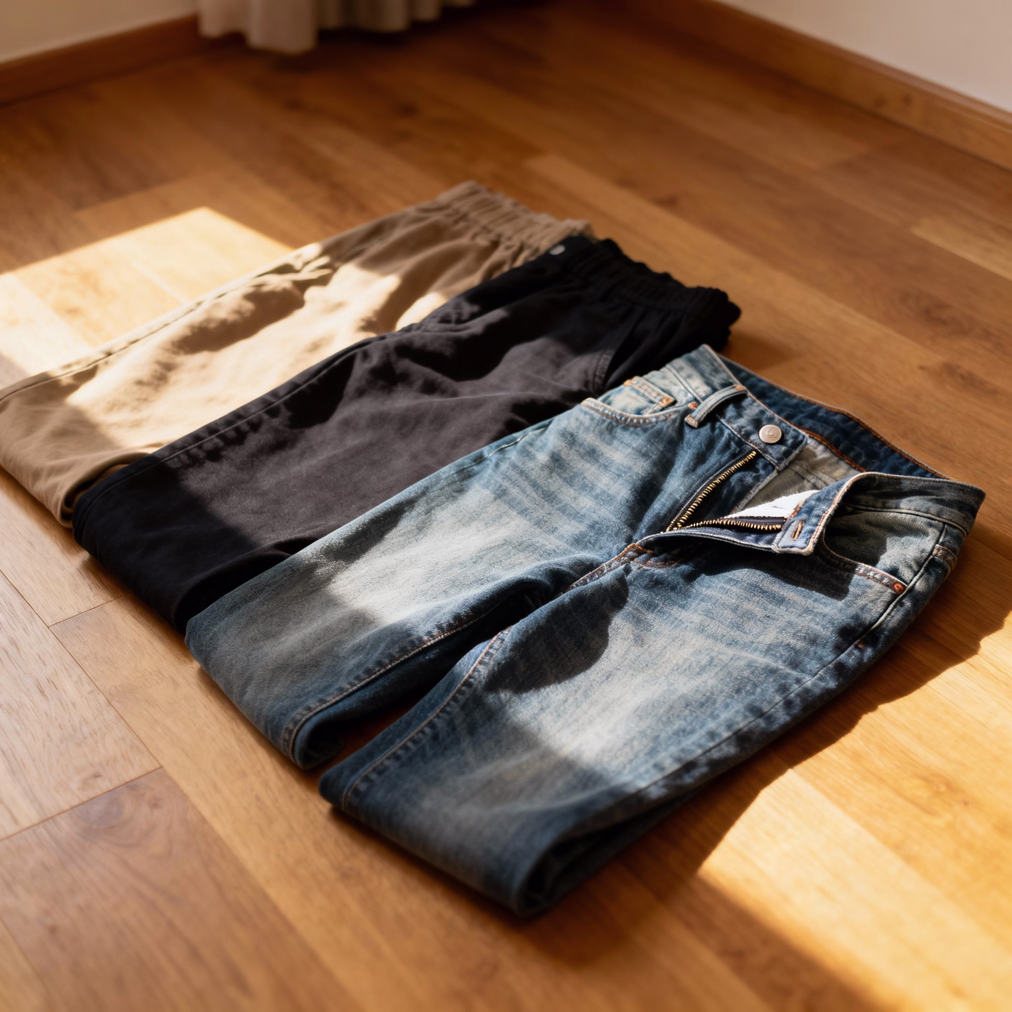 2-3 Hosen auf Holzboden, Jeans leicht geöffnet, warmes Licht, cleane Umgebung