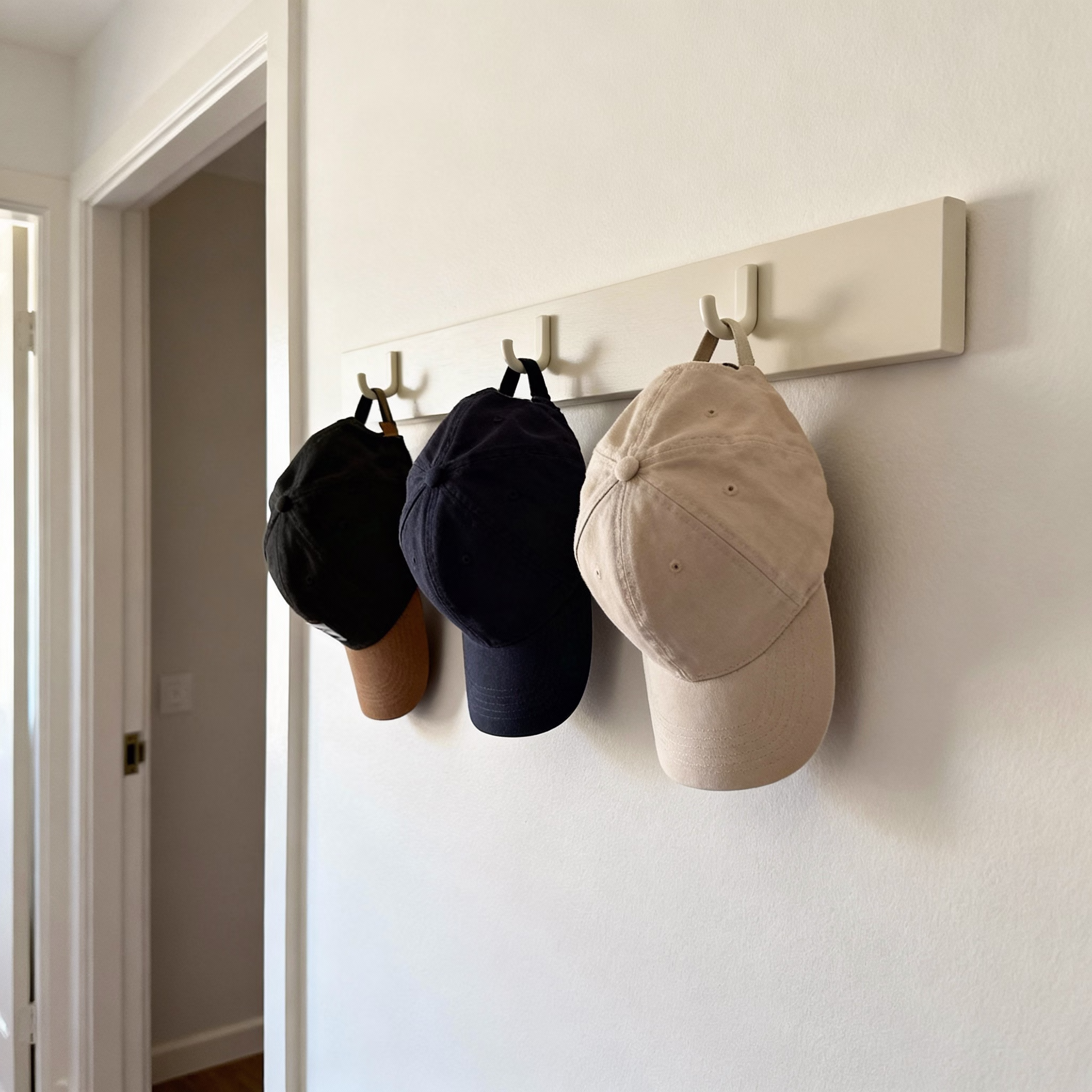Einfache Kappen und Hüte hängen an heller Wandhakenreihe im Flur