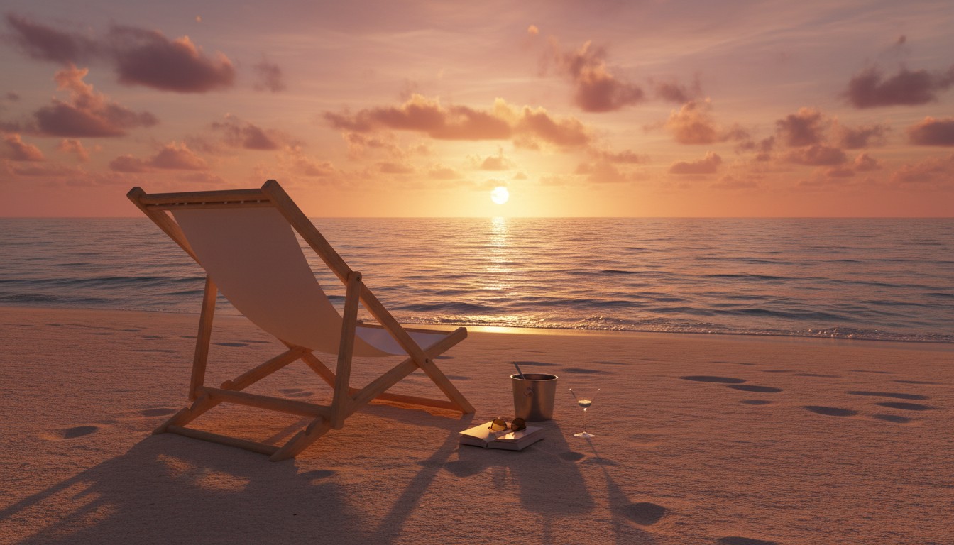 Leerer Liegestuhl am Sandstrand bei Sonnenuntergang, Blick aufs Meer.