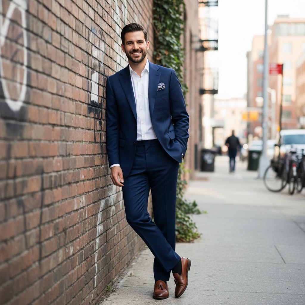 Gut gekleideter Mann lächelt, lehnt lässig an urbaner Backsteinmauer.