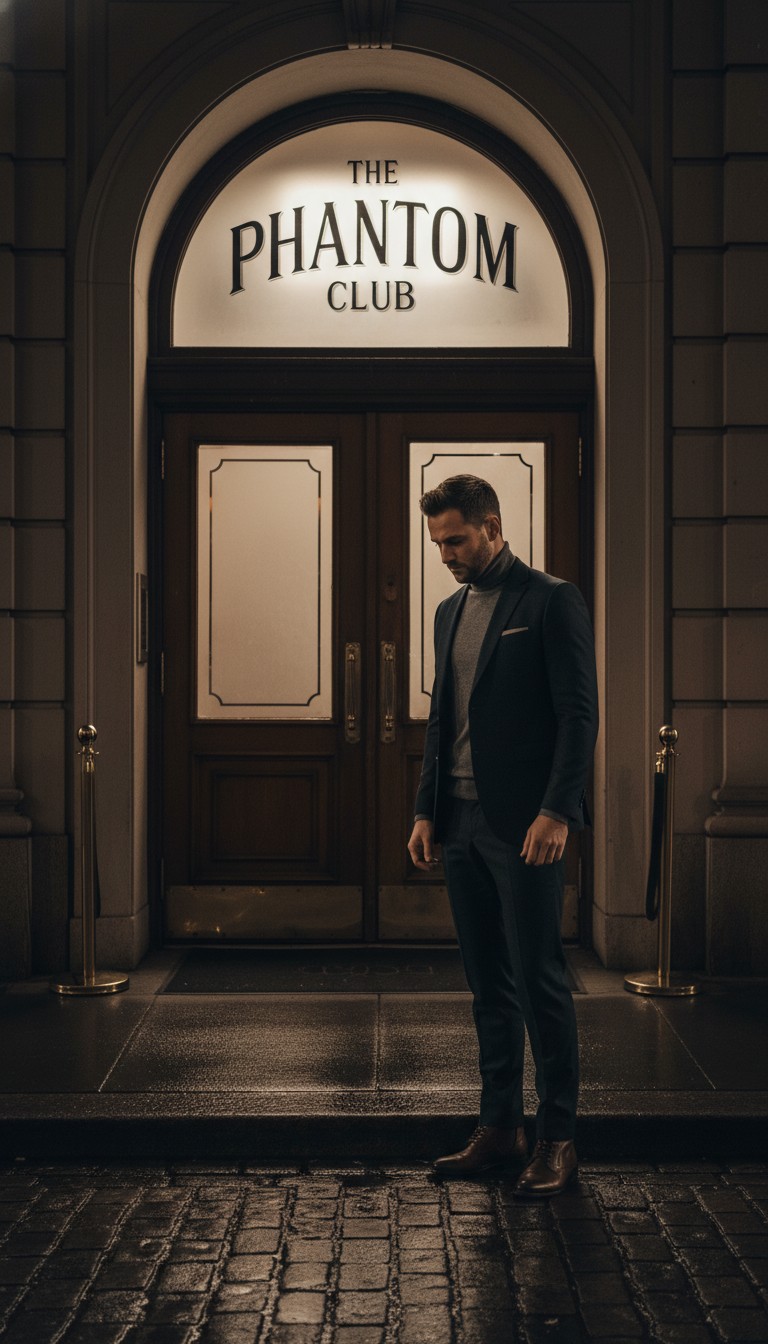 Stilvoller Mann nachdenklich vor geschlossener Clubtür nachts im Straßenlaternenlicht.