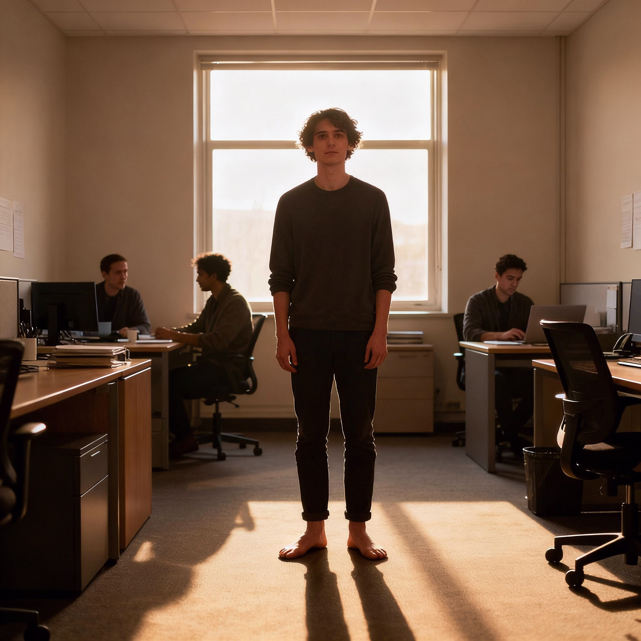 Person mit aufrechter Haltung im kleinen Büro, Kollegen im Hintergrund, warmes Tageslicht