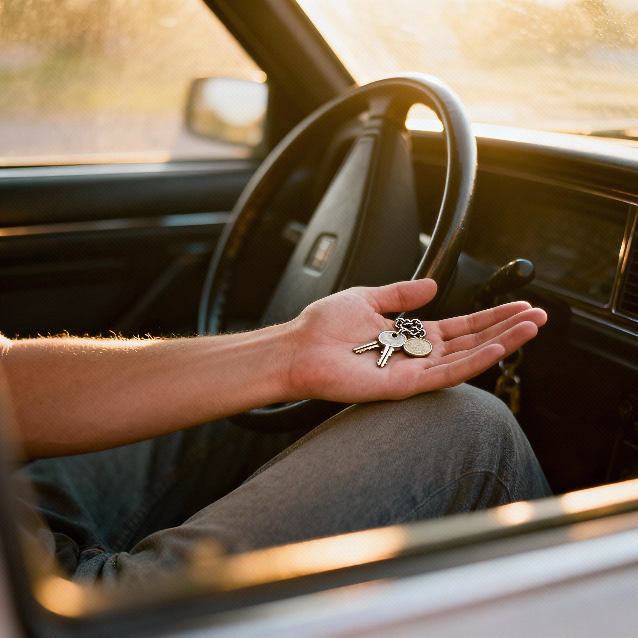 Schlüssel, Münze und Kette liegen auf Handfläche am Lenkrad im Auto, weiches Licht