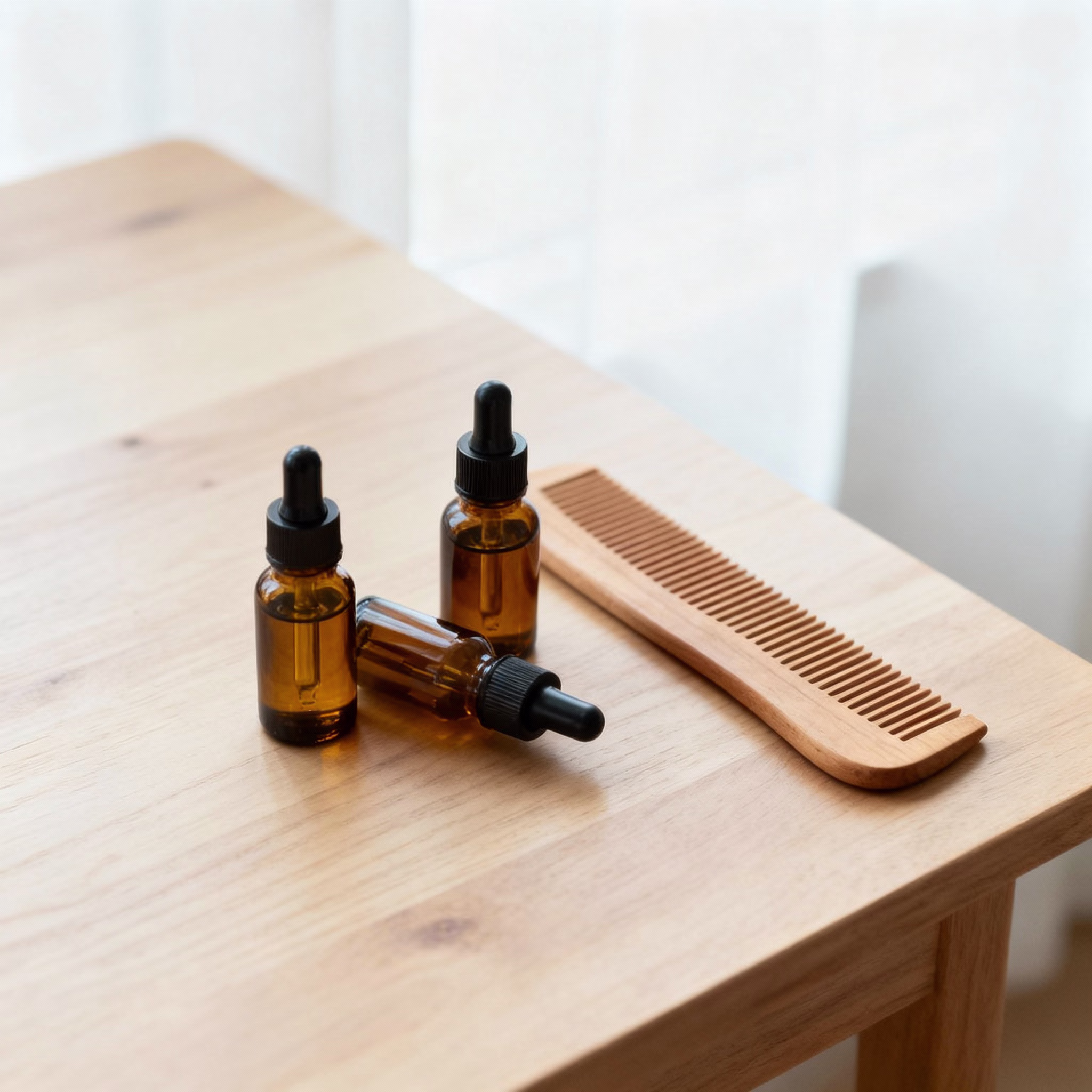 Kleine Fläschchen mit Tropfapplikator und Holzkamm auf hellem Holztisch im Tageslicht