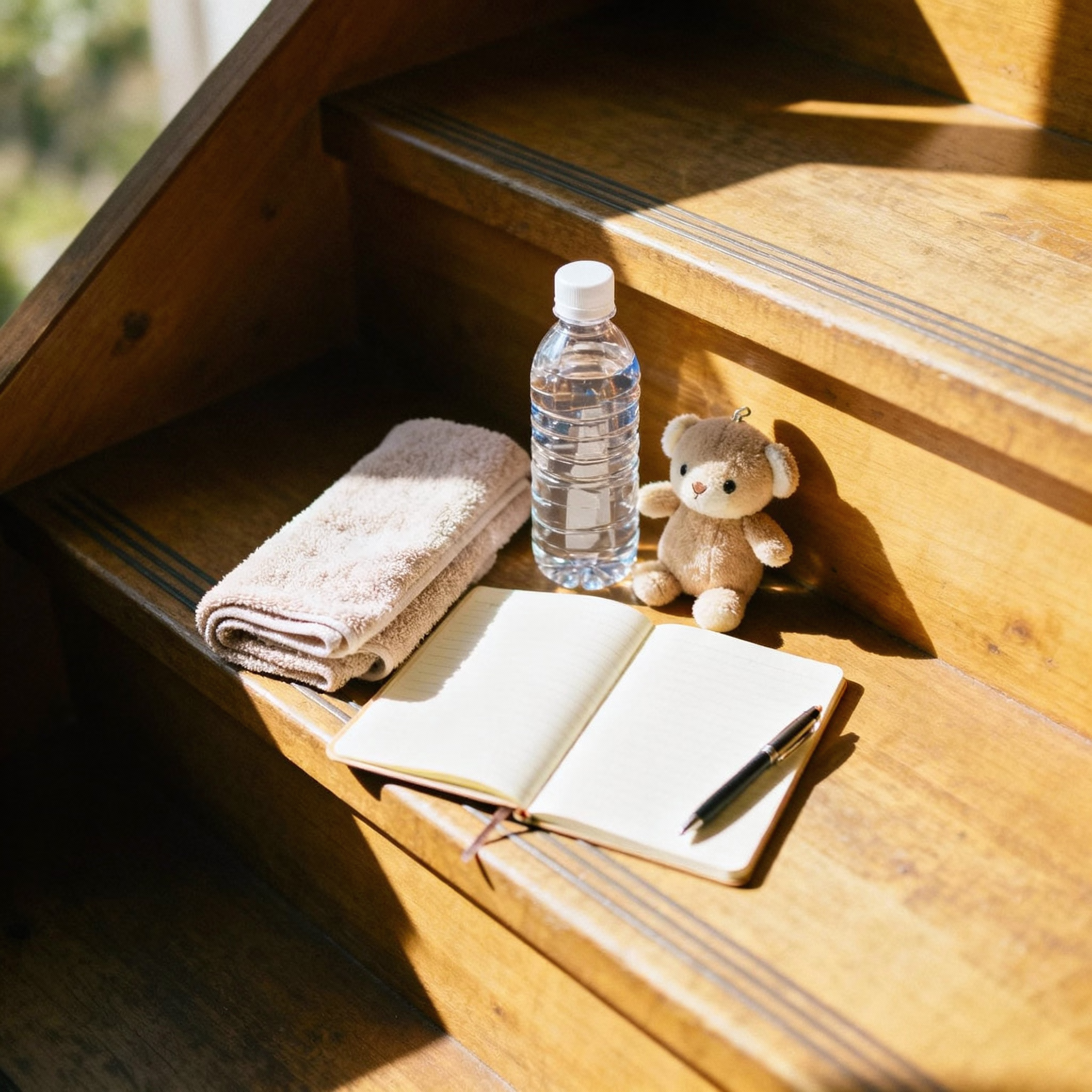Handtuch, Wasserflasche, Kuscheltier, Notizblock und Stift auf Holztreppe im Morgenlicht