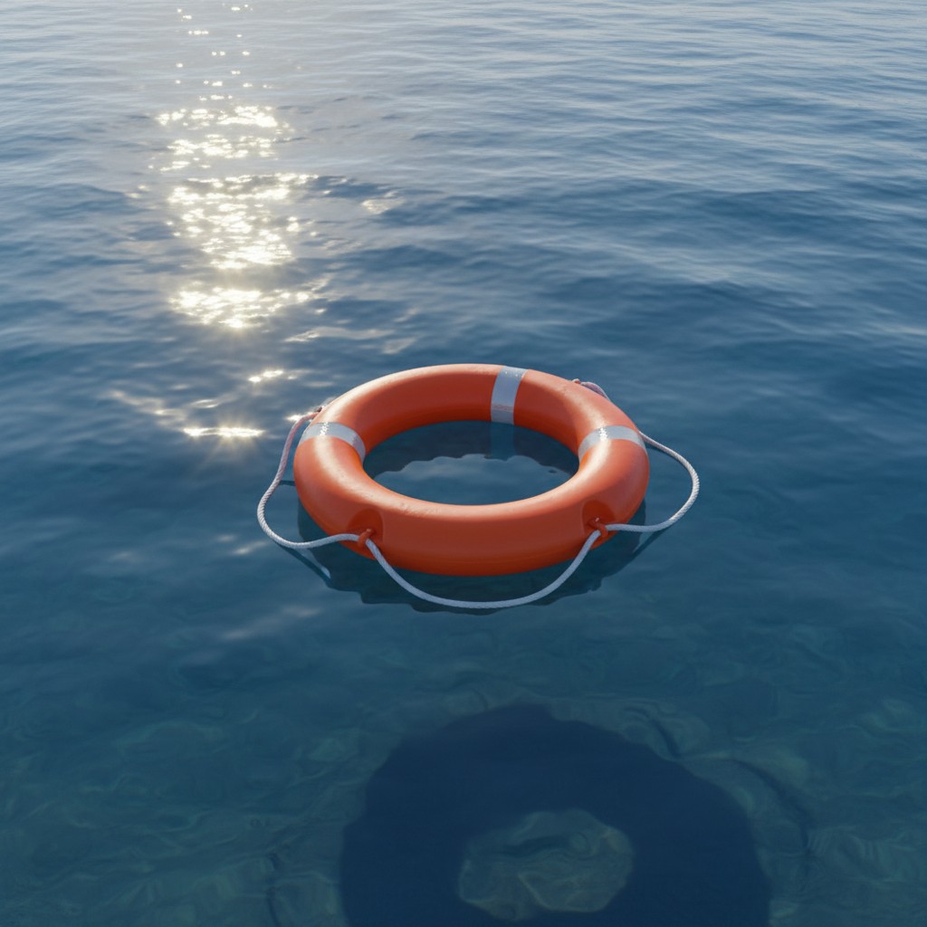 Leuchtend oranger Rettungsring auf ruhigem, blauem Wasser. Minimalistisch, Sicherheit.