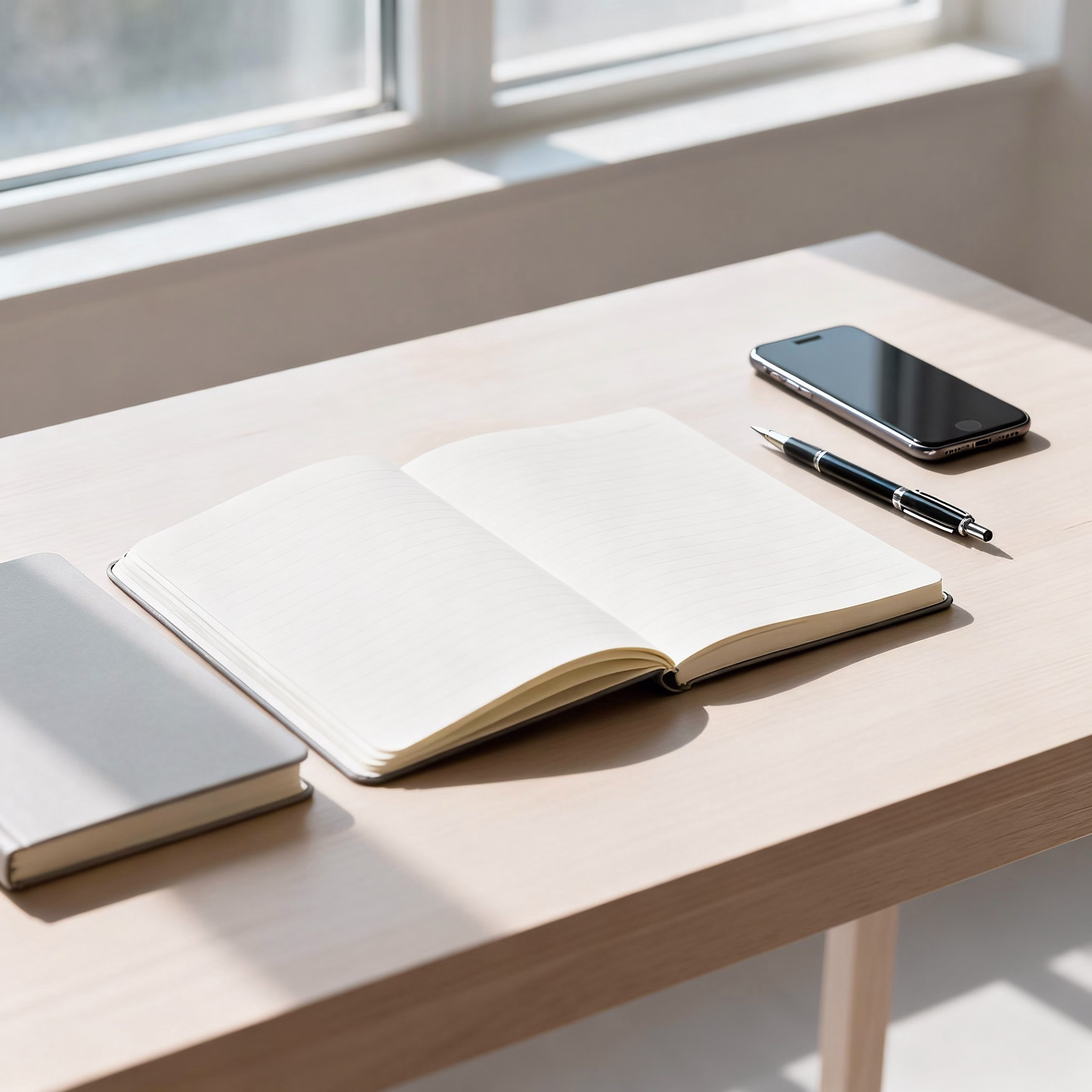 Offene Notizbücher, Kugelschreiber und Smartphone auf hellem Holztisch im Tageslicht