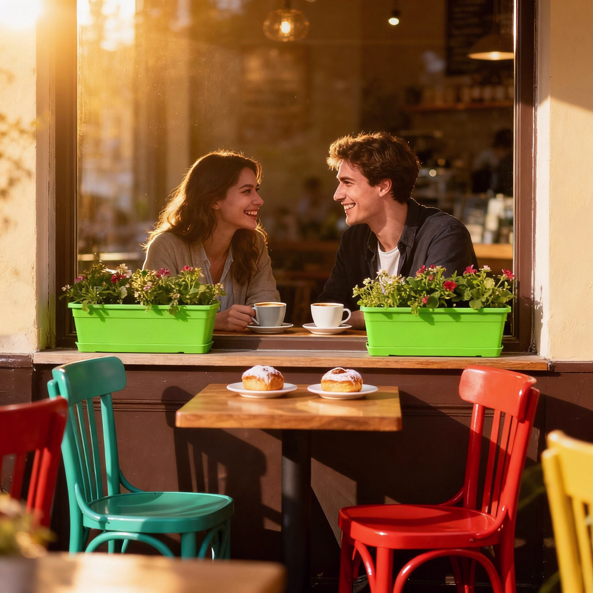 Zwei Personen beim gemütlichen Kaffeetrinken vor Café, Sonnenlicht, warme Atmosphäre