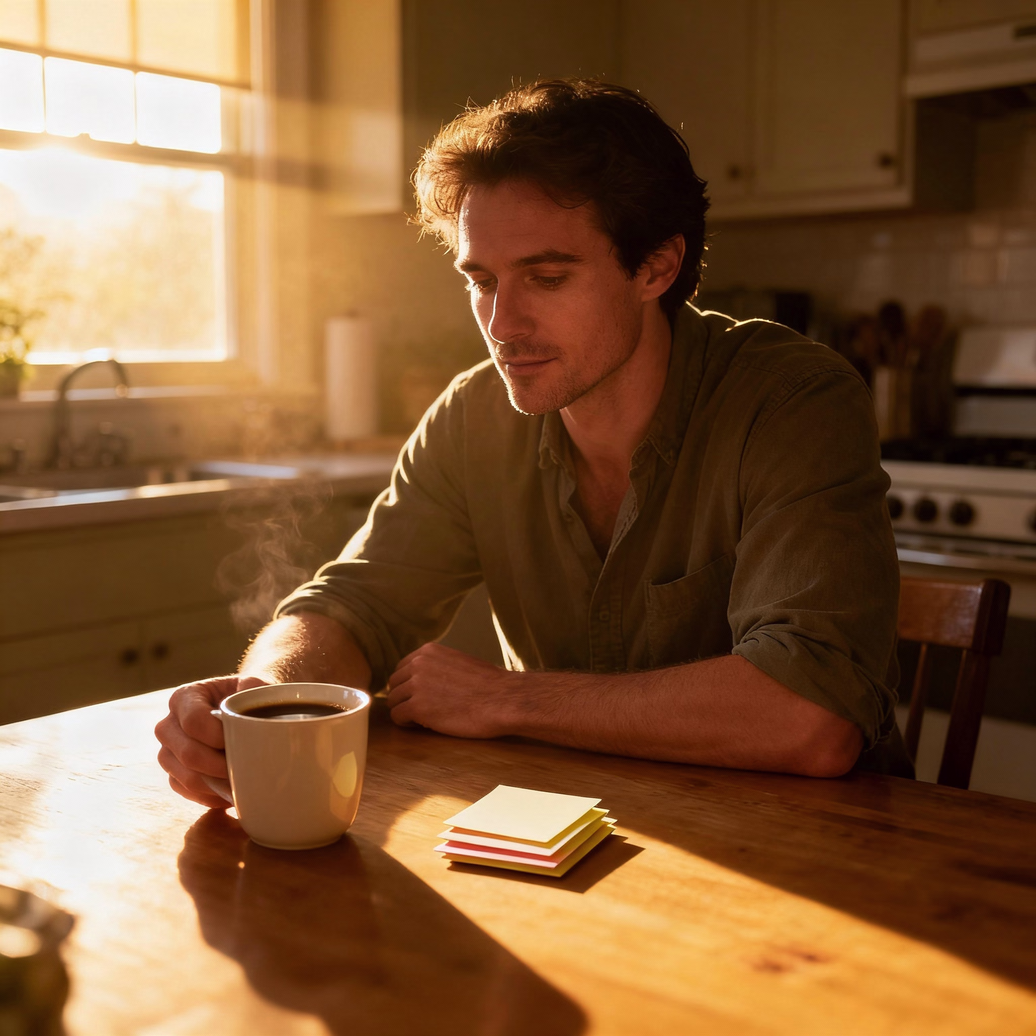 Person mit Kaffeetasse und Karteikarten am Küchentisch im Morgenlicht