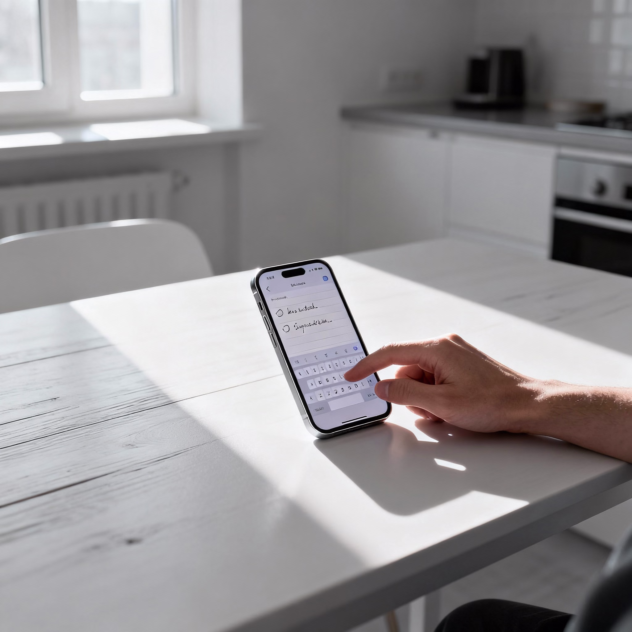 Person tippt Notizen in Handy-App, Sonnenlicht in minimalistischer Küche