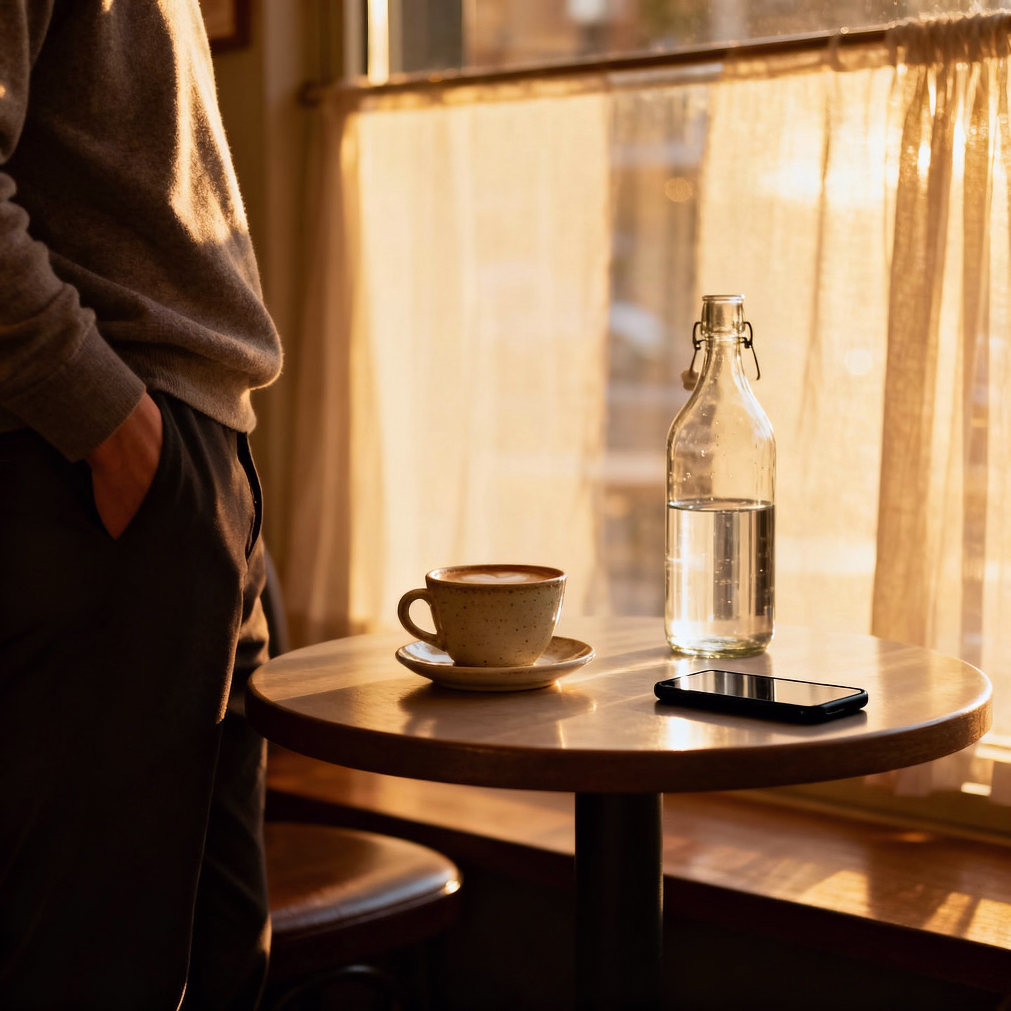 Person am Café-Tisch mit Tasse, Flasche, Smartphone im warmen Licht