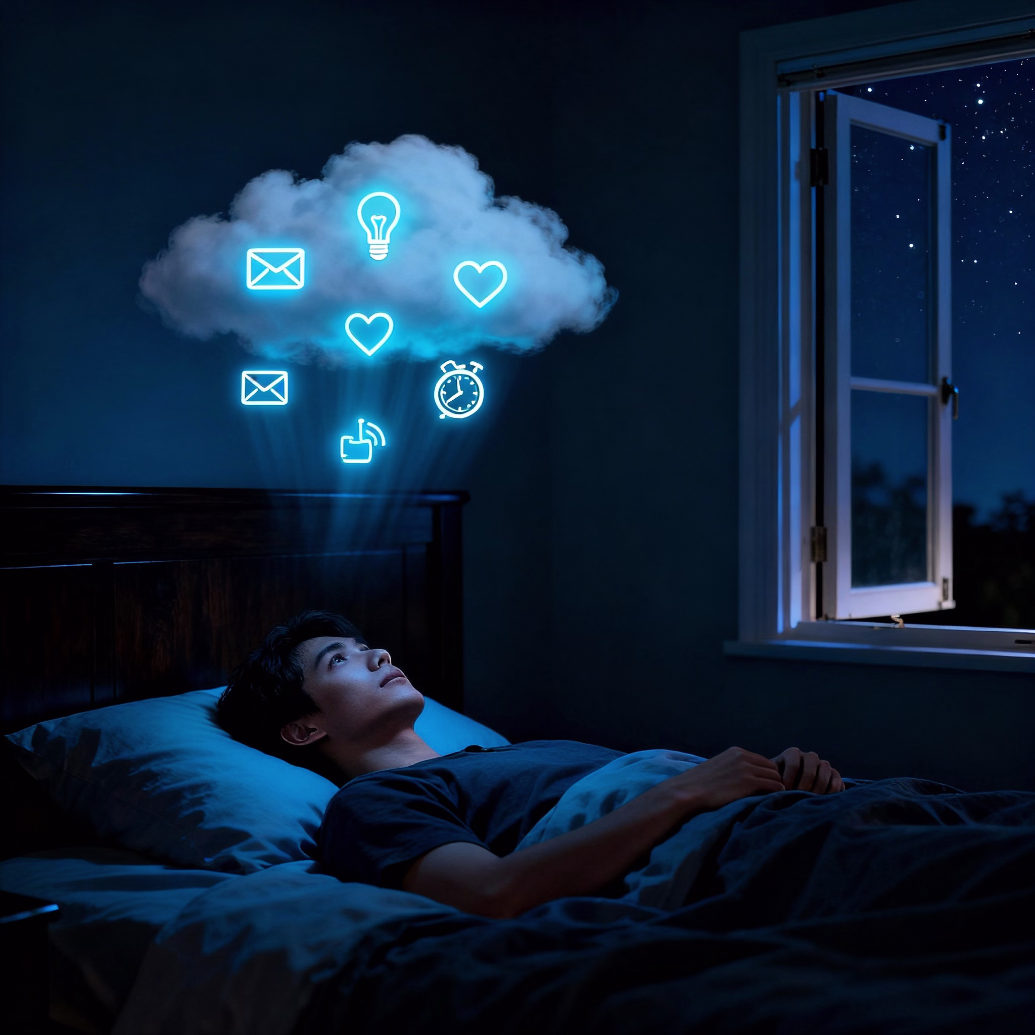 Person liegt nachts im Bett, über Kopf schweben leuchtende Icons in sanftem Blau