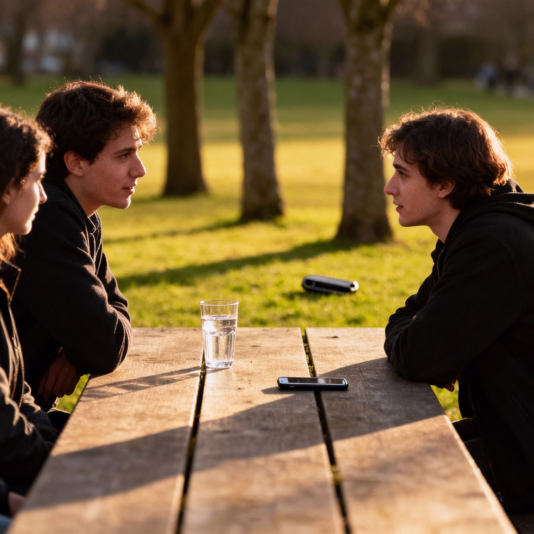 Zwei Personen im Gespräch am Tisch im Park, dazwischen Wasserglas, Smartphone liegt im Gras