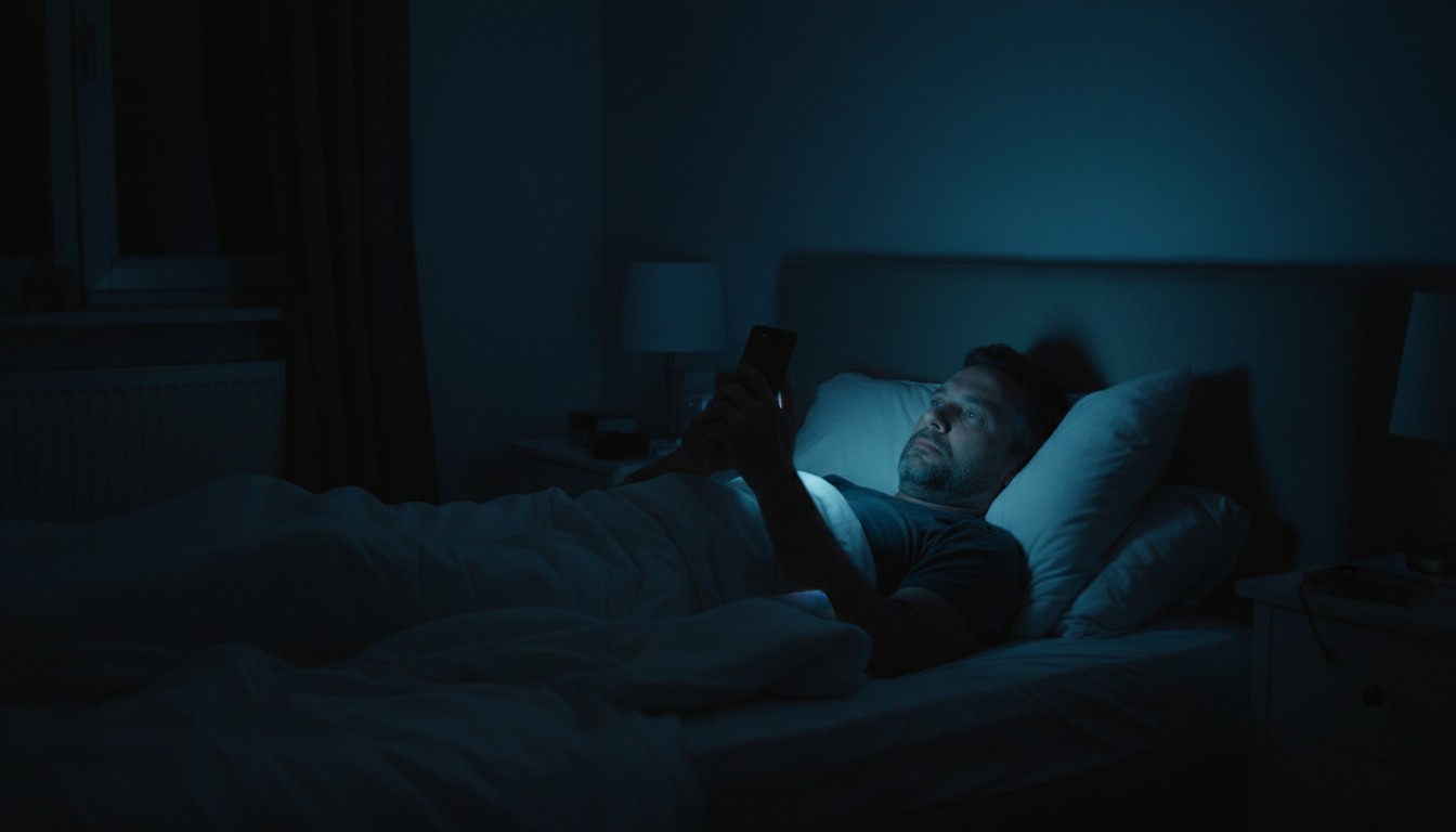 Mann im dunklen Schlafzimmer im Bett, Gesicht von blauem Smartphone-Licht beleuchtet.