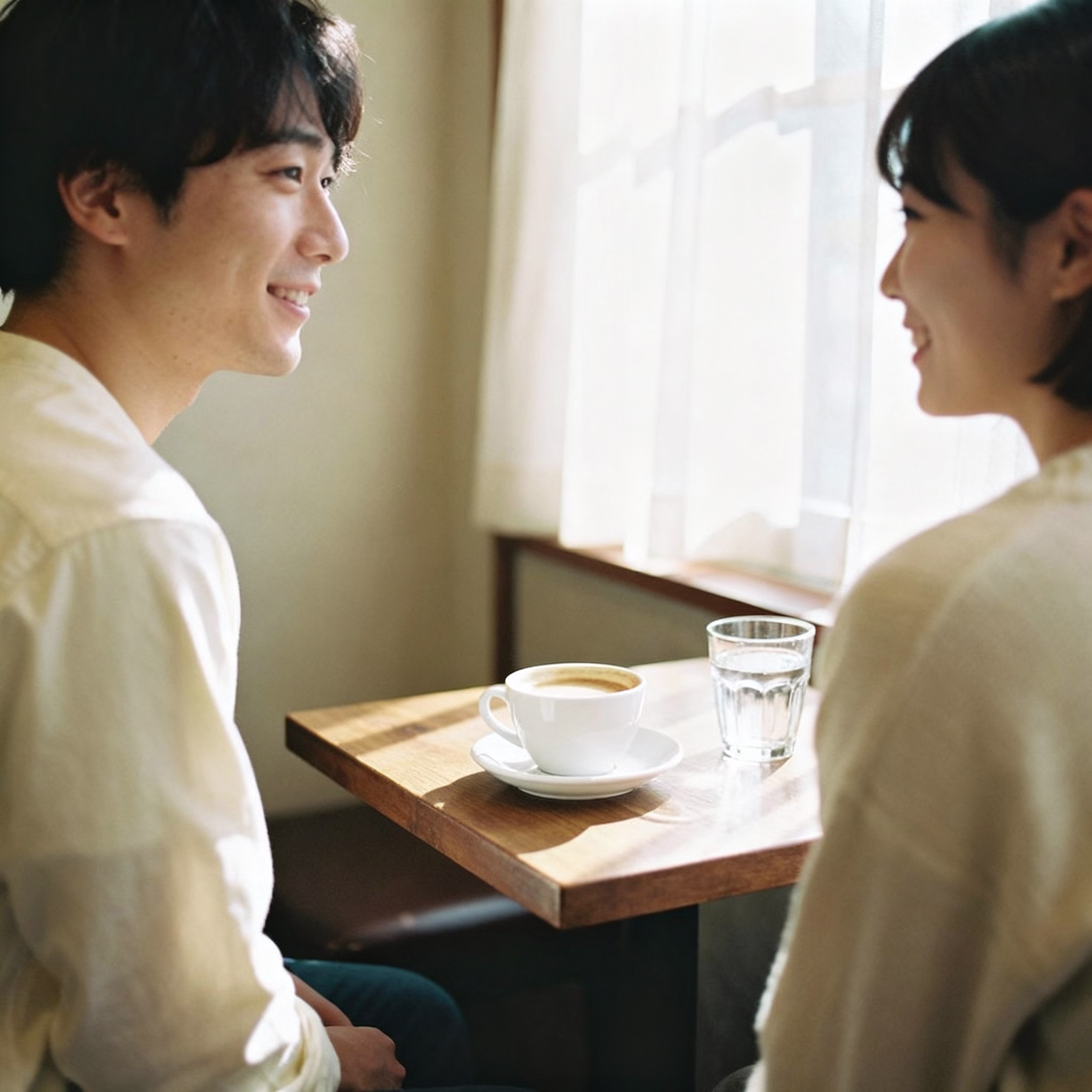 Zwei Personen beim Kaffeetrinken an Holztisch, Tasse Kaffee und Wasserglas im weichen Tageslicht