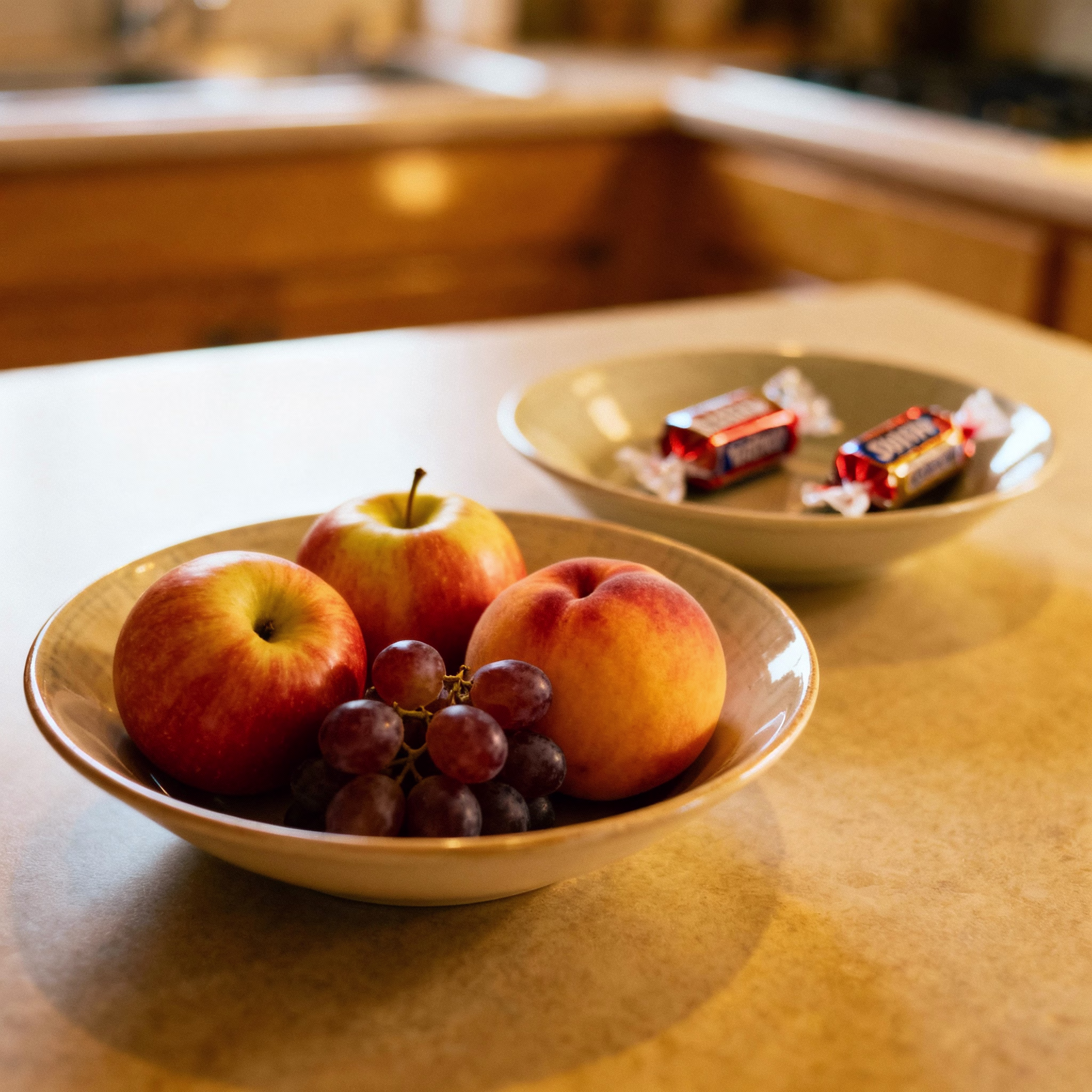 Schale mit frischem Obst im Fokus, im Hintergrund eine Schale mit Süßigkeiten.