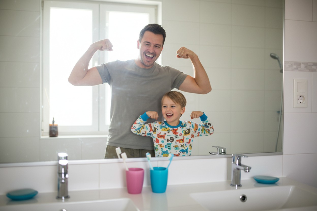 Lachender Vater und Kind spannen Muskeln vor Badezimmerspiegel im hellen Morgenlicht.
