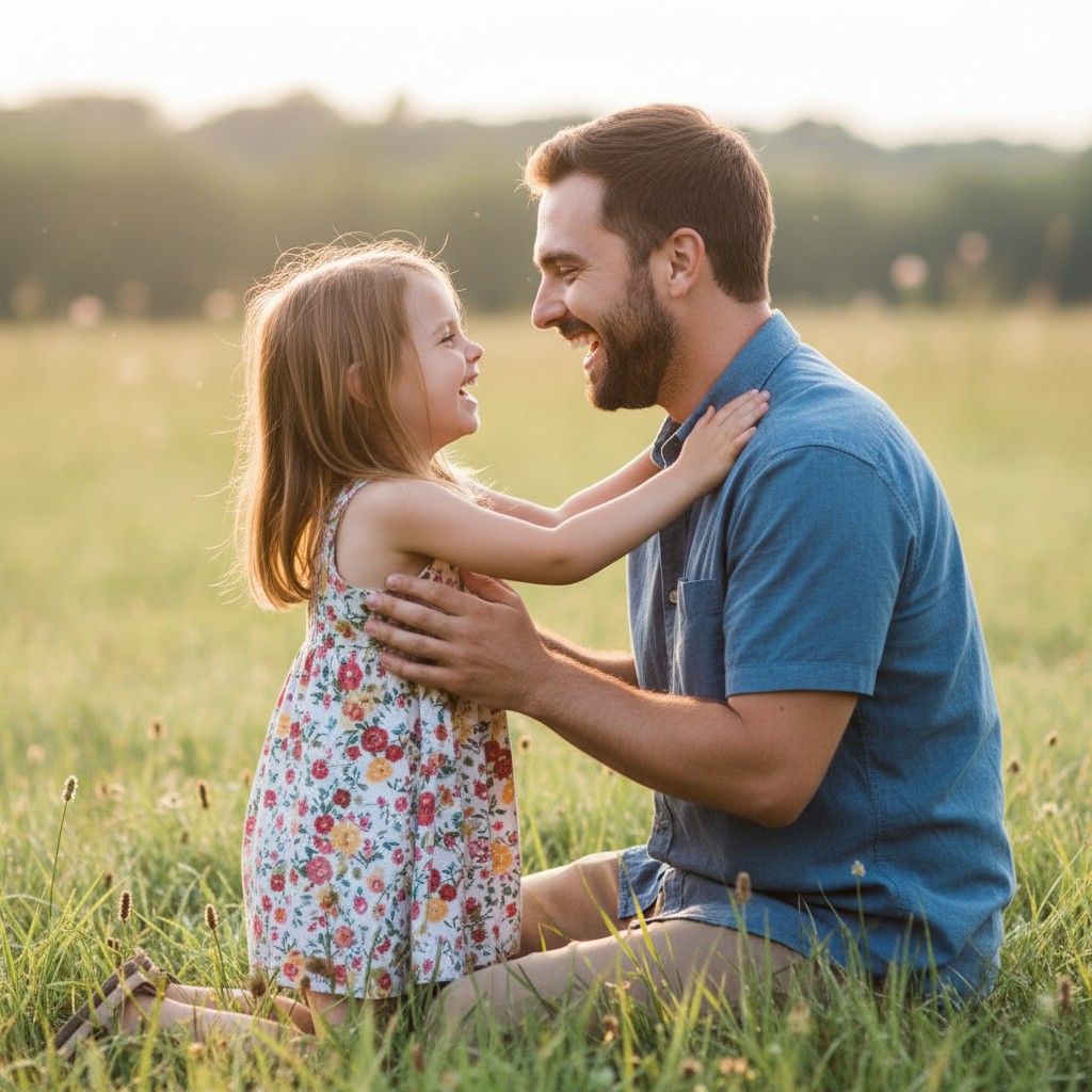 Vater und Tochter lachen auf Augenhöhe auf grüner Wiese im Sonnenlicht.