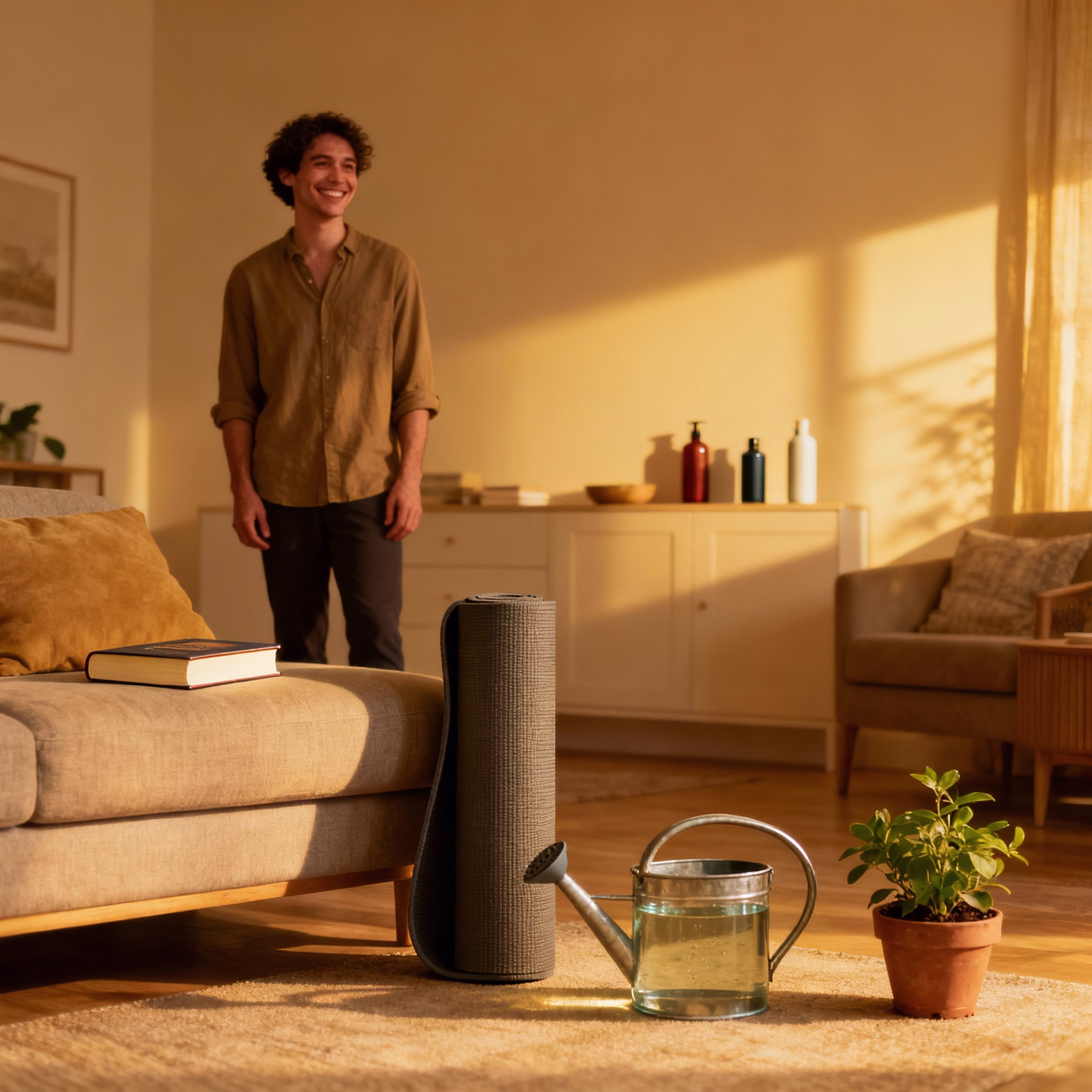 Lächelnde Person in aufgeräumtem Wohnzimmer mit Buch, Yogamatte, Gießkanne und Topfpflanze